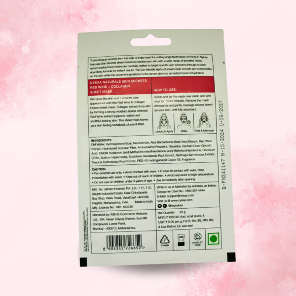 Nykaa Skin Secrets & Naturals Sheet Mask - Red Wine Collagen - 20ml - The Mix Up Company